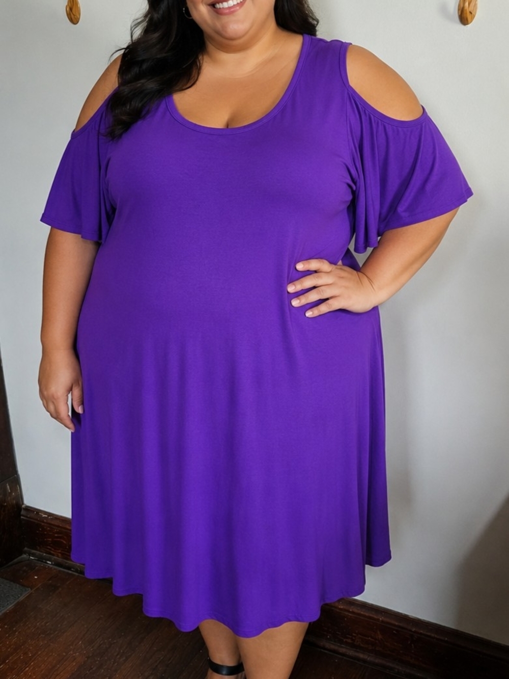 DR40 BELAROI Plus Cold Shoulder Flowy Swing Dress Pockets Stretch Relaxed Fit